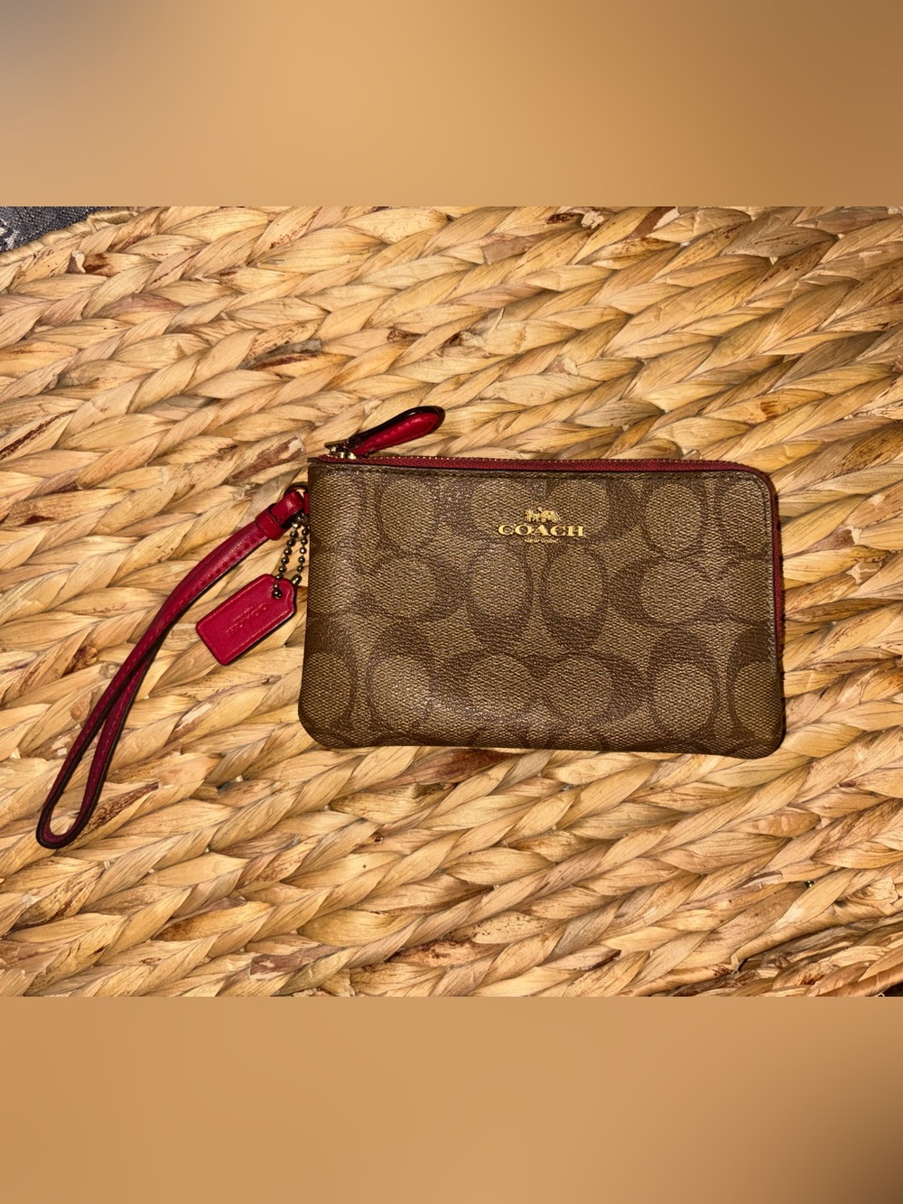 COACH Brown Signature Canvas Wristlet with Red Trim and Tag